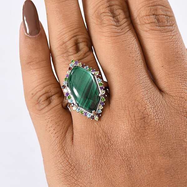 EverTrue African Malachite Multi Gemstone Ring In Platinum Bond 13.90 Ctw