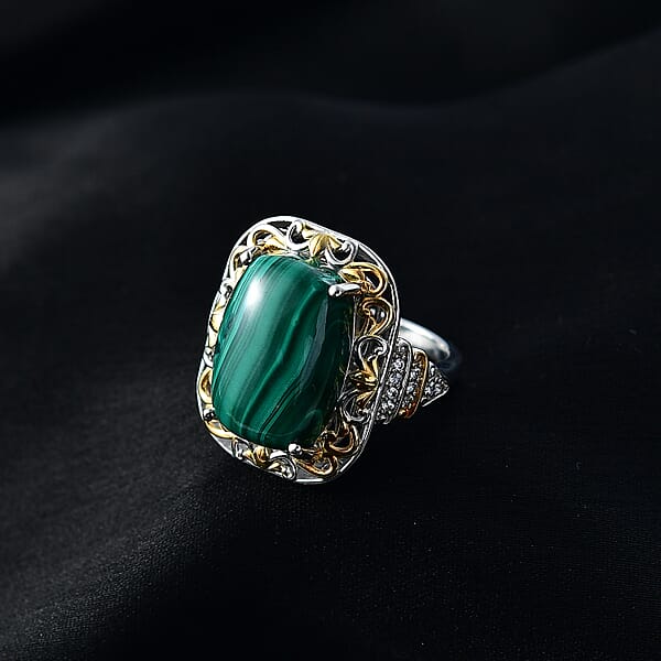 EverTrue African Malachite White Zircon Ring In 18K YG Plated And Platinum Bond 17.00 Ctw