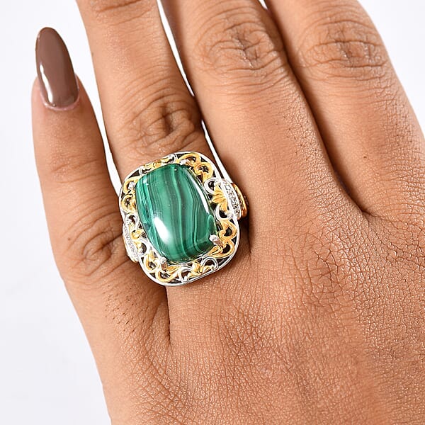 EverTrue African Malachite White Zircon Ring In 18K YG Plated And Platinum Bond 17.00 Ctw