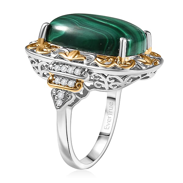 EverTrue African Malachite White Zircon Ring In 18K YG Plated And Platinum Bond 17.00 Ctw