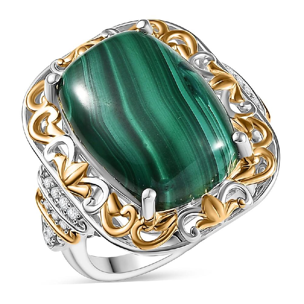EverTrue African Malachite White Zircon Ring in 18K YG Plated and Platinum Bond 17.00 ctw