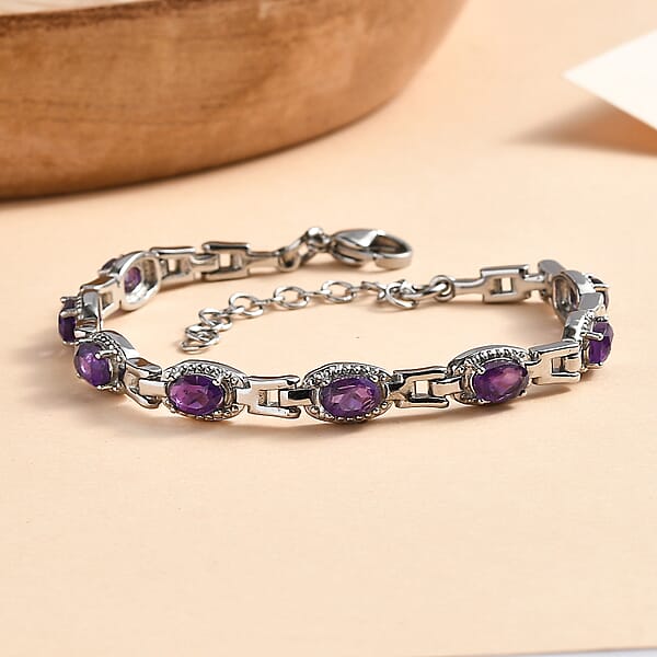 EverTrue Amethyst 3.15 Ctw Link Bracelet In Stainless Steel (6.50-8.0In)