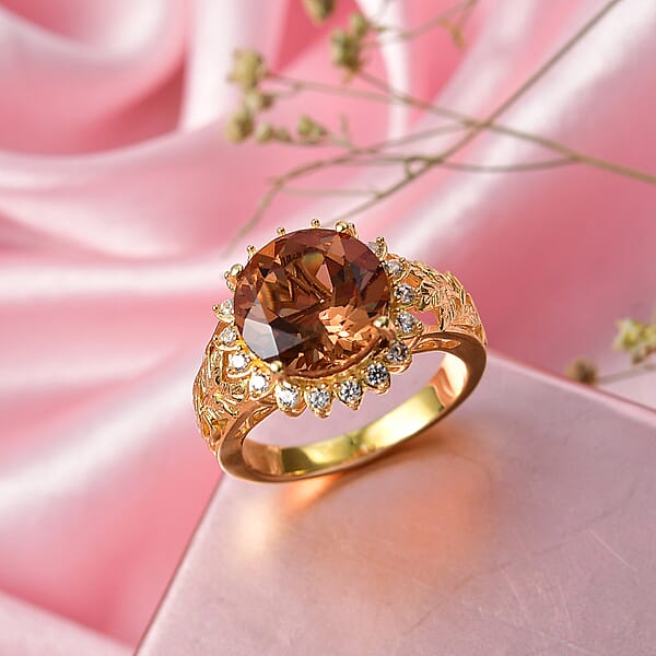 EverTrue Autumn Alexite And White Zircon 5.25 Ctw Sunflower Bloom Ring In 18K YG Plated