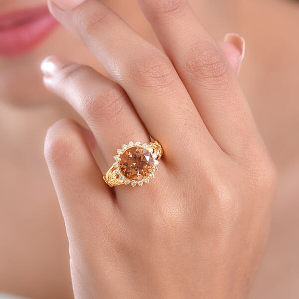 EverTrue Autumn Alexite And White Zircon 5.25 Ctw Sunflower Bloom Ring In 18K YG Plated