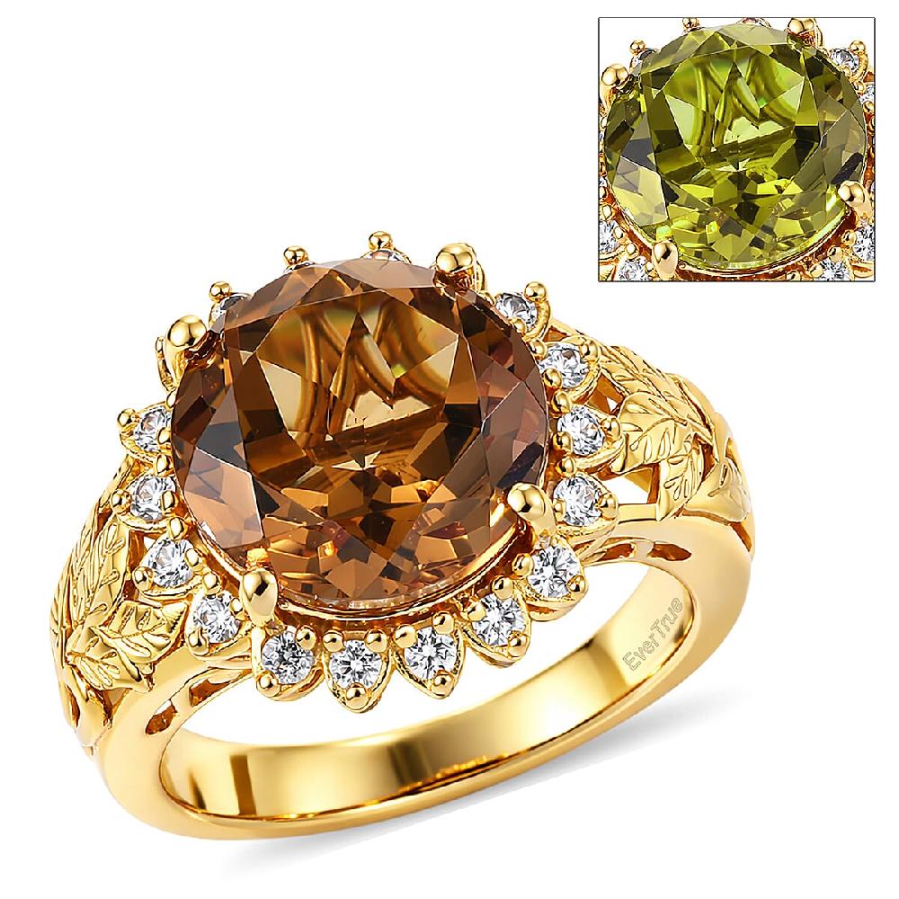 EverTrue Autumn Alexite and White Zircon 5.25 ctw Sunflower Bloom Ring in 18K YG Plated