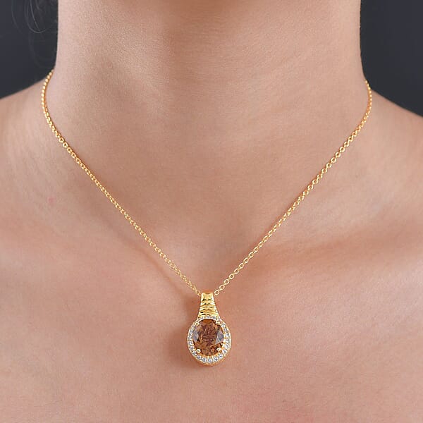 EverTrue Autumn Alexite White Zircon Halo Pendant In 18K YG Plated With ION Plated YG Stainless Steel Necklace 5.40 Ctw (20 Inches)