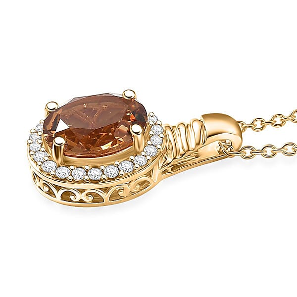 EverTrue Autumn Alexite White Zircon Halo Pendant In 18K YG Plated With ION Plated YG Stainless Steel Necklace 5.40 Ctw (20 Inches)