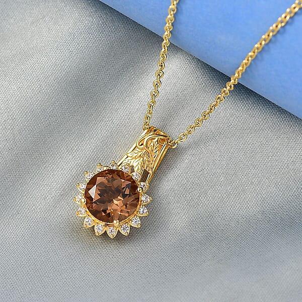 EverTrue Autumn Alexite White Zircon Pendant In 18K YG Plated With ION Plated YG Stainless Steel Necklace 4.00 Ctw (20 Inches)