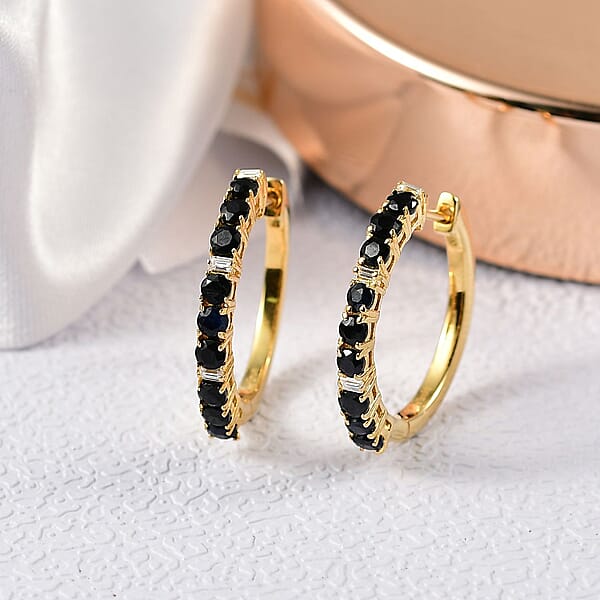 EverTrue Blue Sapphire And Moissanite 2.40 Ctw Minimalist Aura Hoop Earrings In 18K Yellow Gold Plated