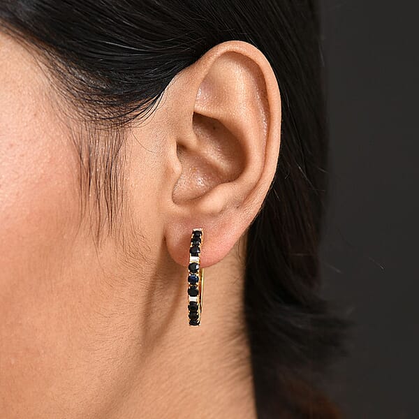 EverTrue Blue Sapphire And Moissanite 2.40 Ctw Minimalist Aura Hoop Earrings In 18K Yellow Gold Plated