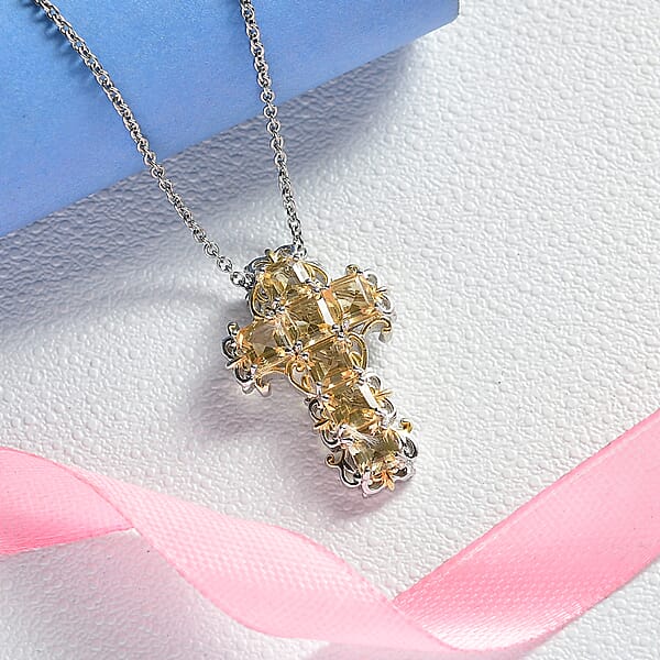 EverTrue Brazilian Citrine 4.65 Ctw Art Nouveau Cross Pendant In 18K YG Plated And Platinum Bond With Stainless Steel Necklace 20 Inches