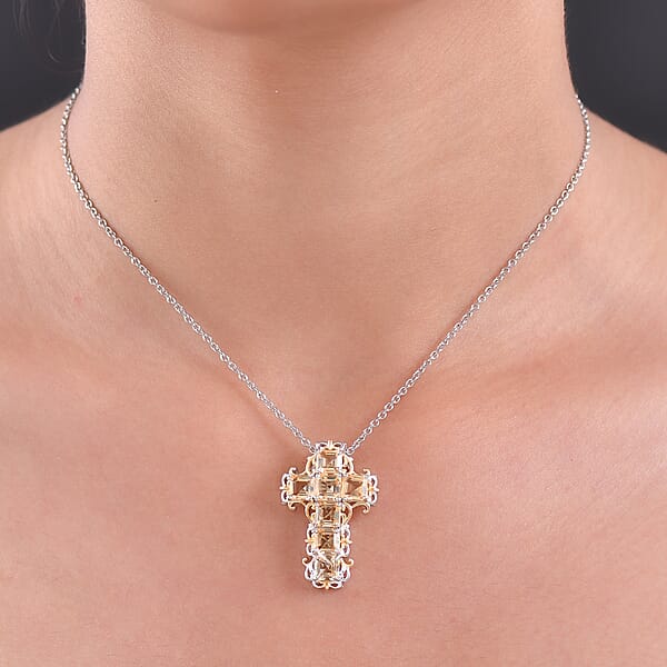 EverTrue Brazilian Citrine 4.65 Ctw Art Nouveau Cross Pendant In 18K YG Plated And Platinum Bond With Stainless Steel Necklace 20 Inches