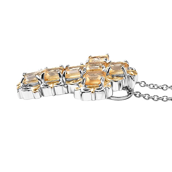 EverTrue Brazilian Citrine 4.65 Ctw Art Nouveau Cross Pendant In 18K YG Plated And Platinum Bond With Stainless Steel Necklace 20 Inches