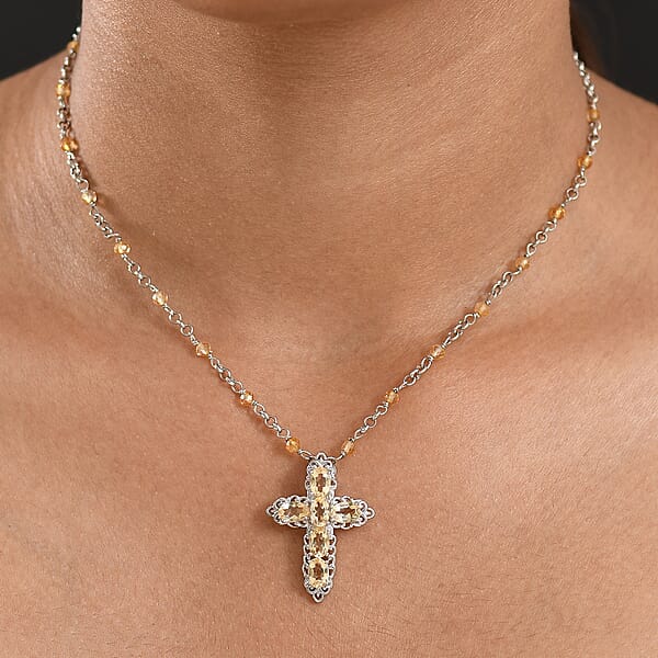 EverTrue Brazilian Citrine 7.20 Ctw Cross Necklace In Platinum Bond 18 Inches