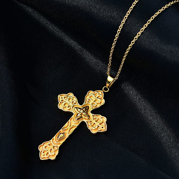 EverTrue Bronzella Collection Cross Pendant In 18K YG Plated Bronze With ION Plated YG Stainless Steel Necklace 20 Inches