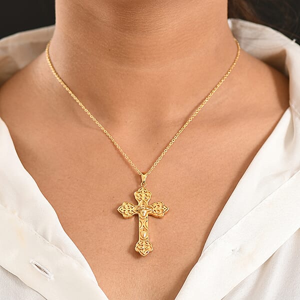 EverTrue Bronzella Collection Cross Pendant In 18K YG Plated Bronze With ION Plated YG Stainless Steel Necklace 20 Inches
