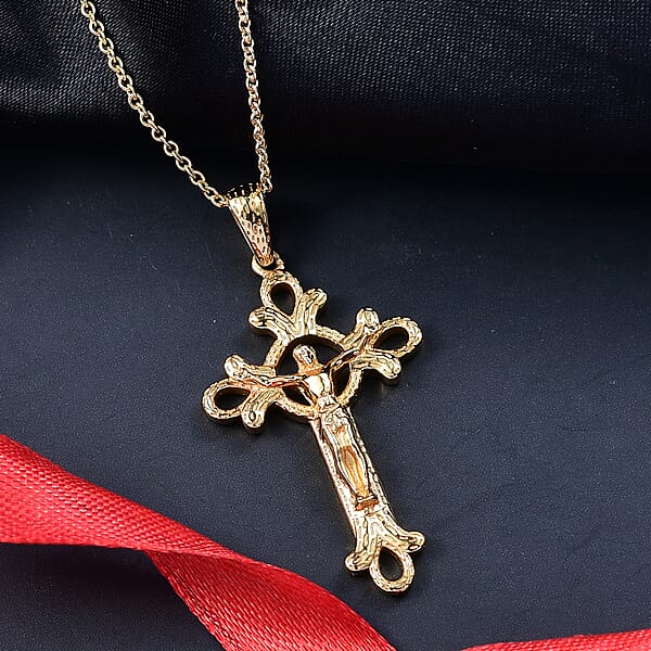 EverTrue Bronzella Collection Cross Pendant In 18K YG Plated Bronze With ION Plated YG Stainless Steel Necklace (20 Inches)