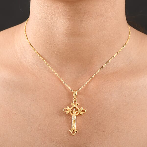 EverTrue Bronzella Collection Cross Pendant In 18K YG Plated Bronze With ION Plated YG Stainless Steel Necklace (20 Inches)