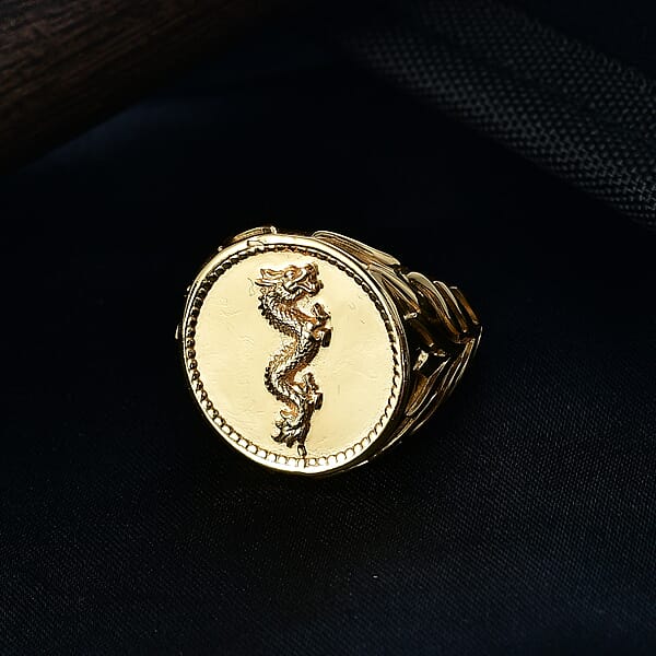 EverTrue Bronzella Collection Dragon Men's Ring In 18K Yellow Gold Plated Bronze