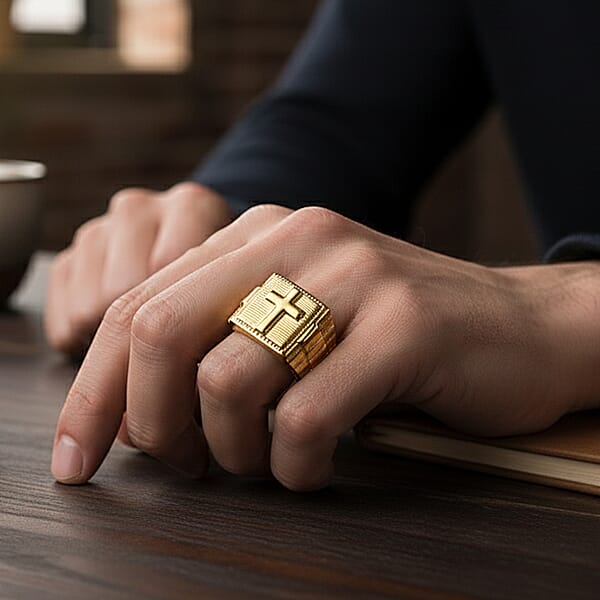 EverTrue Bronzella Collection Faith Line Men's Ring In 18K YG Plated Bronze