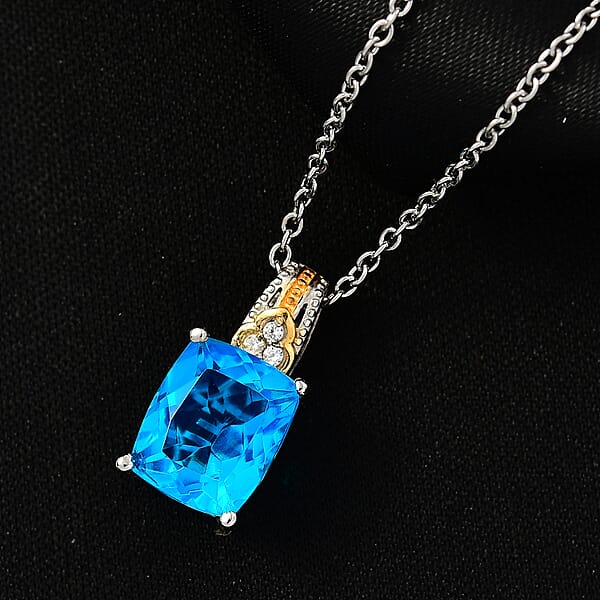 EverTrue Caribbean Quartz And White Zircon 4.40 Ctw Pendant In 18K YG Plated With ION Plated YG Stainless Steel Necklace 20 Inches