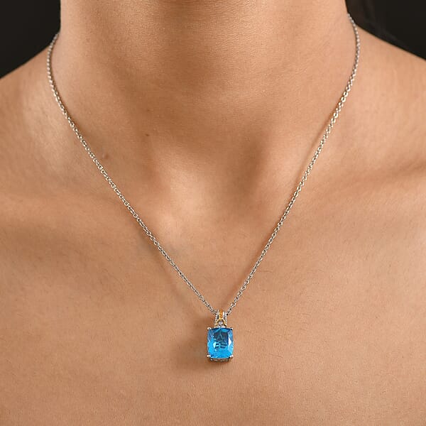 EverTrue Caribbean Quartz And White Zircon 4.40 Ctw Pendant In 18K YG Plated With ION Plated YG Stainless Steel Necklace 20 Inches