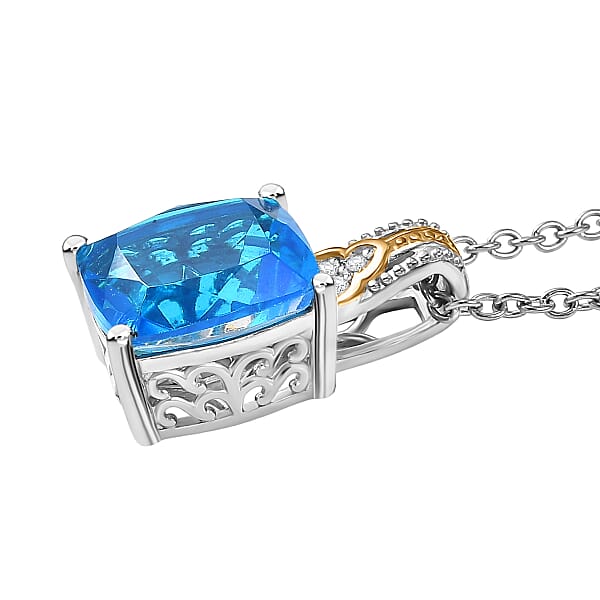 EverTrue Caribbean Quartz And White Zircon 4.40 Ctw Pendant In 18K YG Plated With ION Plated YG Stainless Steel Necklace 20 Inches