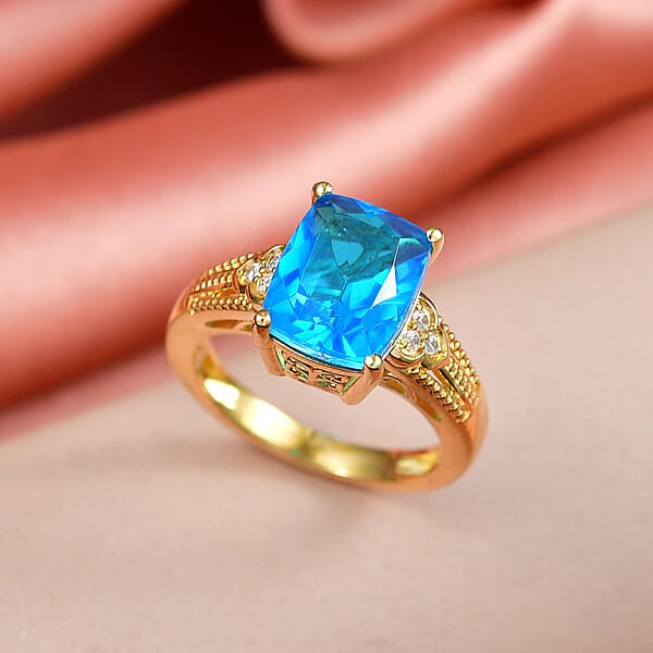 EverTrue Caribbean Quartz And White Zircon 5.40 Ctw Ring In 18K Yellow Gold Plated