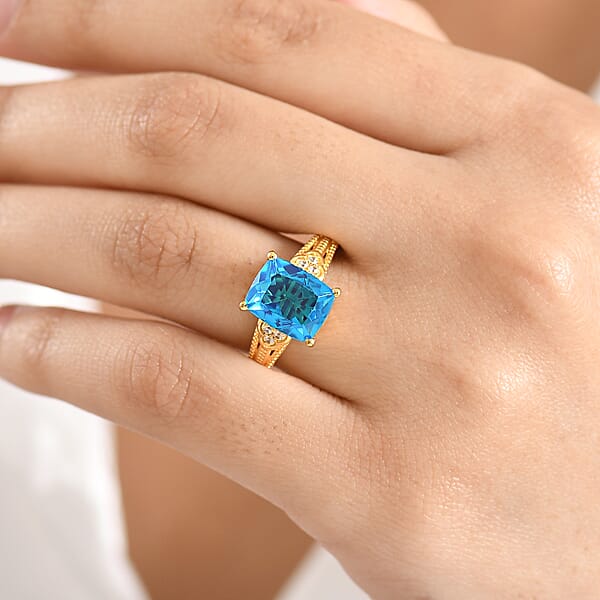 EverTrue Caribbean Quartz And White Zircon 5.40 Ctw Ring In 18K Yellow Gold Plated