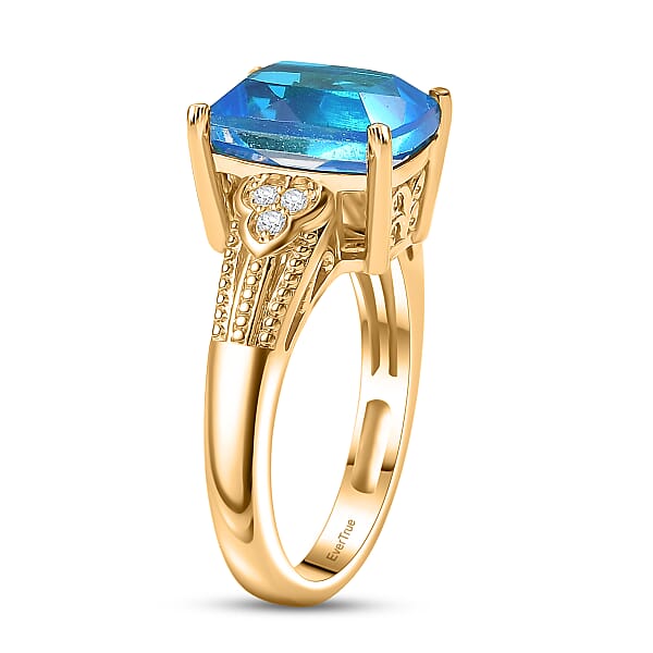 EverTrue Caribbean Quartz And White Zircon 5.40 Ctw Ring In 18K Yellow Gold Plated
