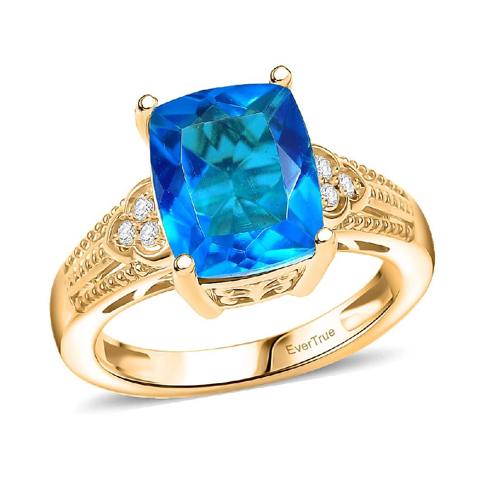 EverTrue Caribbean Quartz and White Zircon 5.40 ctw Ring in 18K Yellow Gold Plated