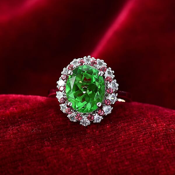 EverTrue Chartreuse Quartz Multi Gemstone Classic Halo Ring In Platinum Bond 5.40 Ctw