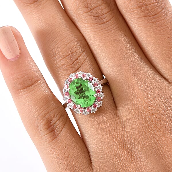 EverTrue Chartreuse Quartz Multi Gemstone Classic Halo Ring In Platinum Bond 5.40 Ctw