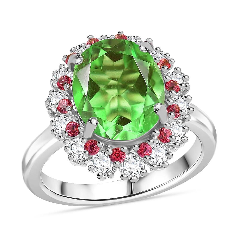EverTrue Chartreuse Quartz Multi Gemstone Classic Halo Ring in Platinum Bond 5.40 ctw