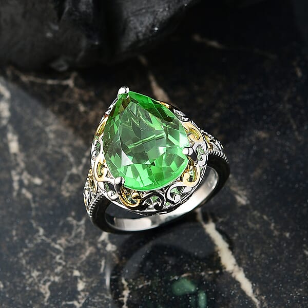 EverTrue Chartreuse Quartz (Triplet) 8.90 Ctw Art Deco Ring 18K YG Plated And Platinum Bond