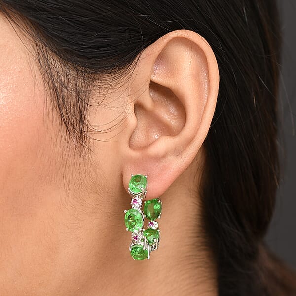 EverTrue Chartreuse Quartz (Triplet) And Lab Created Ruby 14.50 Ctw Floral Hoop Earrings In Platinum Bond