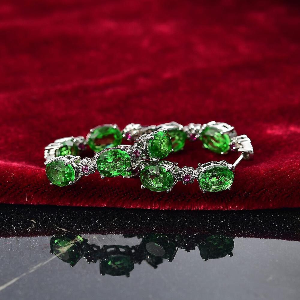 EverTrue Chartreuse Quartz (Triplet) and Lab Created Ruby 14.50 ctw Floral Hoop Earrings in Platinum Bond