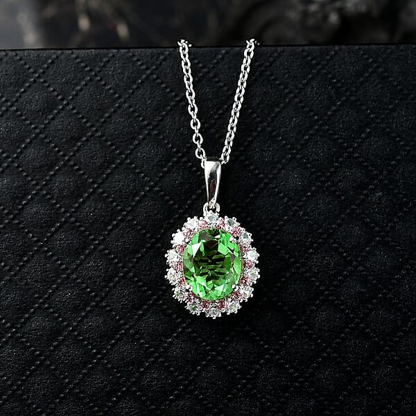 EverTrue Chartreuse Quartz (Triplet) And Multi Gemstone 4.75 Ctw Classic Halo Pendant In Platinum Bond With Stainless Steel Necklace 20 Inches
