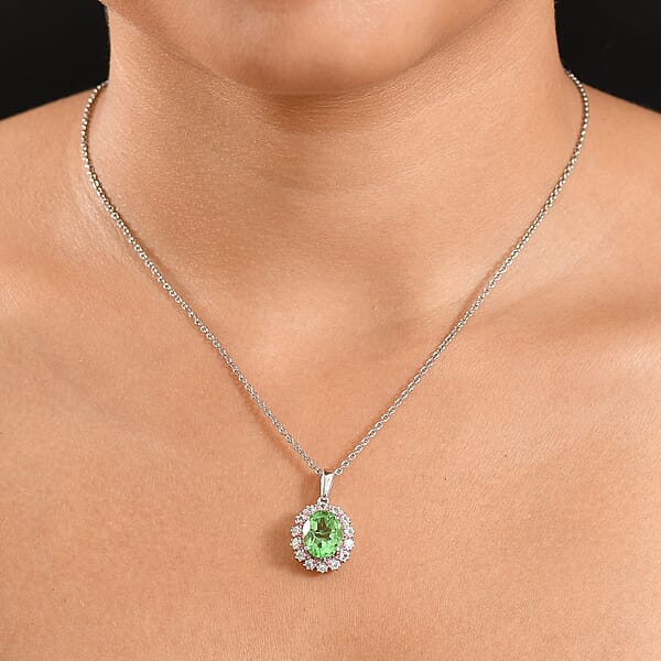 EverTrue Chartreuse Quartz (Triplet) And Multi Gemstone 4.75 Ctw Classic Halo Pendant In Platinum Bond With Stainless Steel Necklace 20 Inches
