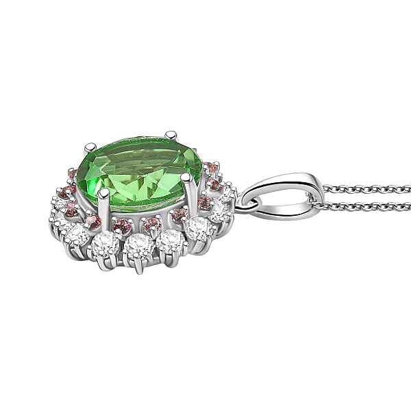 EverTrue Chartreuse Quartz (Triplet) And Multi Gemstone 4.75 Ctw Classic Halo Pendant In Platinum Bond With Stainless Steel Necklace 20 Inches