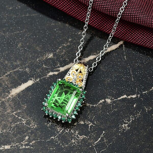 EverTrue Chartreuse Quartz (Triplet) And Multi Gemstone 6.00 Ctw Floral And Butterfly Pendant In 18K YG Plated And Platinum Bond With Stainless Steel Necklace 20 Inches