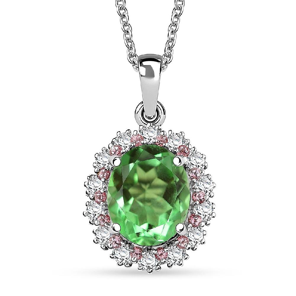 EverTrue Chartreuse Quartz (Triplet) and Multi Gemstone 4.75 ctw Classic Halo Pendant in Platinum Bond with Stainless Steel Necklace 20 Inches