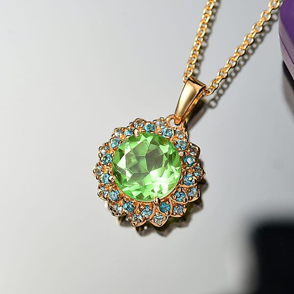 EverTrue Chartreuse Quartz (Triplet) Signity Ice Blue And Paraiba Topaz 4.70 Ctw Sunspire Bloom Pendant In 18K YG Plated With ION Plated Stainless Steel Necklace 20 Inches