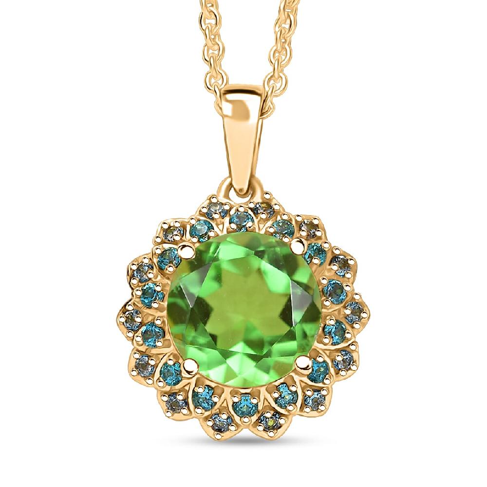 EverTrue Chartreuse Quartz (Triplet) Signity Ice Blue and Paraiba Topaz 4.70 ctw Sunspire Bloom Pendant in 18K YG Plated with ION Plated Stainless Steel Necklace 20 Inches