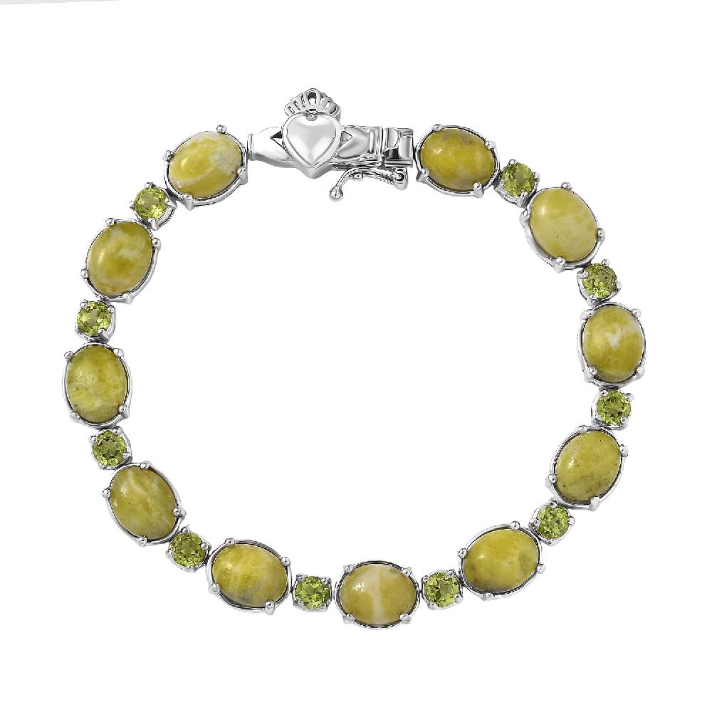 EverTrue Connemara Marble Peridot Claddagh Bracelet in Platinum Bond (7.25 In) 25.25 ctw