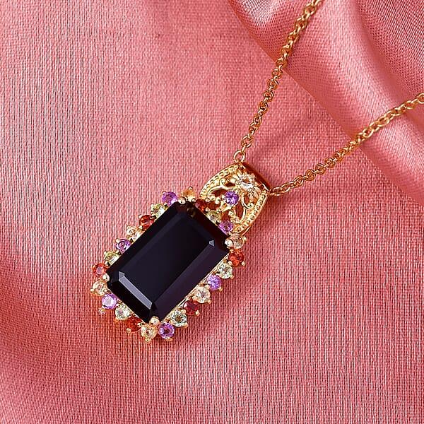 EverTrue D'Joy Thai Black Spinel And Multi Gemstone 10.80 Ctw Night Bloom Pendant In 18K YG Plated With ION Plated YG Stainless Steel Necklace (20 Inches) (Del. In 7-10 Days)