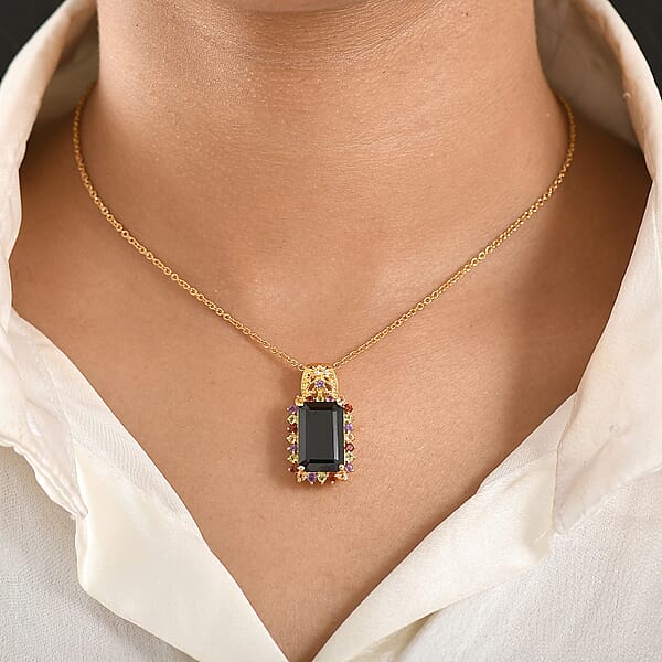 EverTrue D'Joy Thai Black Spinel And Multi Gemstone 10.80 Ctw Night Bloom Pendant In 18K YG Plated With ION Plated YG Stainless Steel Necklace (20 Inches) (Del. In 7-10 Days)