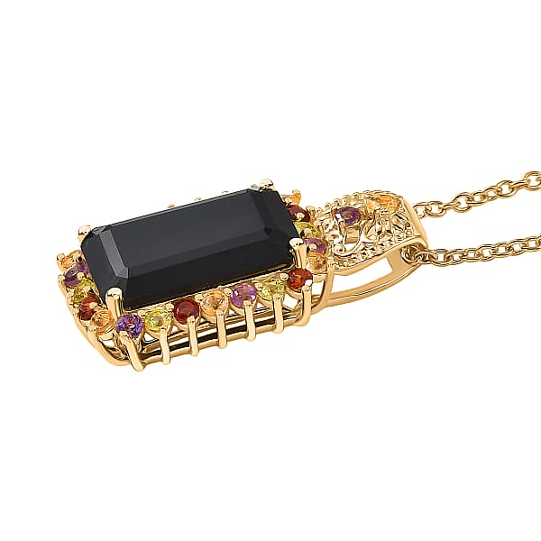 EverTrue D'Joy Thai Black Spinel And Multi Gemstone 10.80 Ctw Night Bloom Pendant In 18K YG Plated With ION Plated YG Stainless Steel Necklace (20 Inches) (Del. In 7-10 Days)
