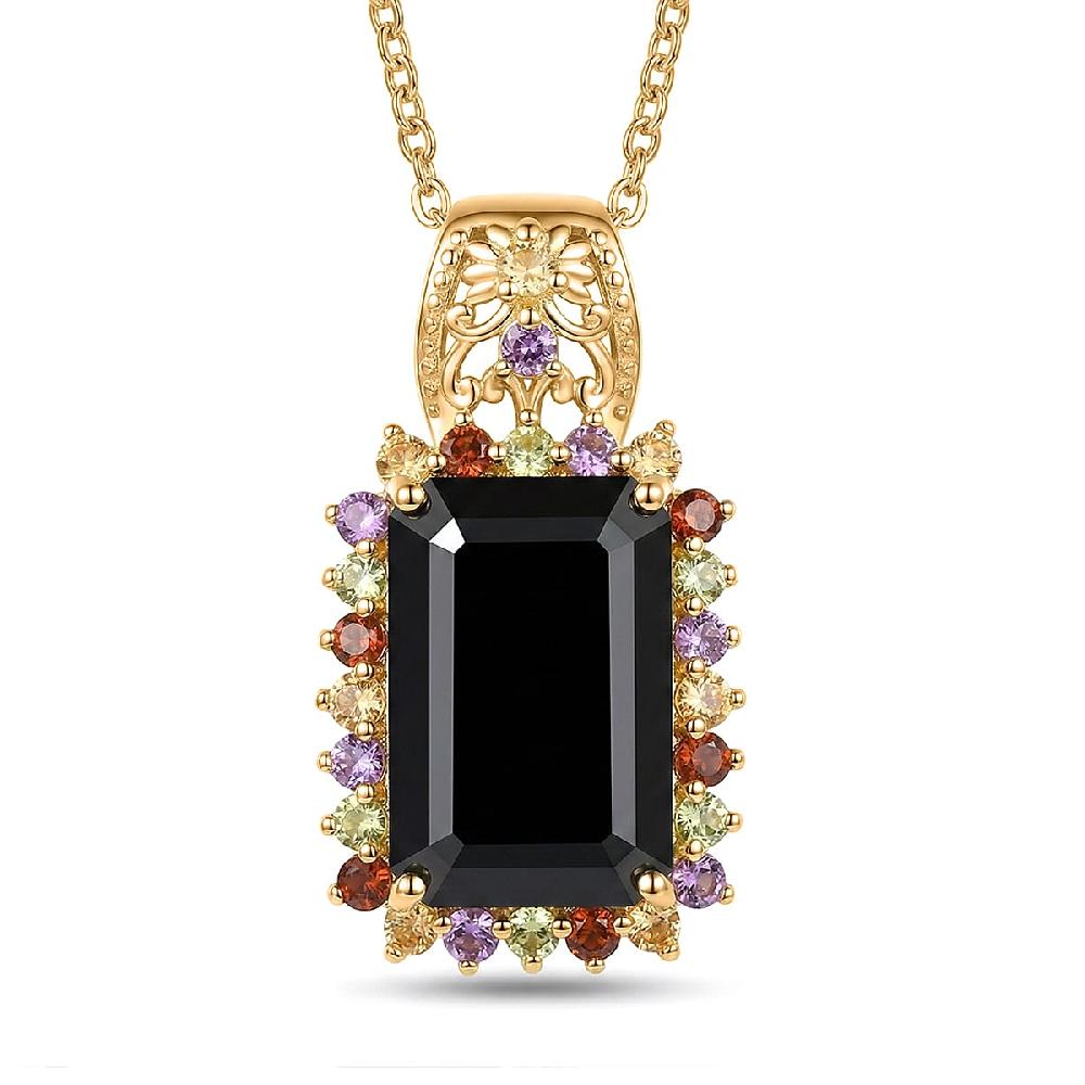 EverTrue D'Joy Thai Black Spinel and Multi Gemstone 10.80 ctw Night Bloom Pendant in 18K YG Plated with ION Plated YG Stainless Steel Necklace (20 Inches) (Del. in 7-10 Days)
