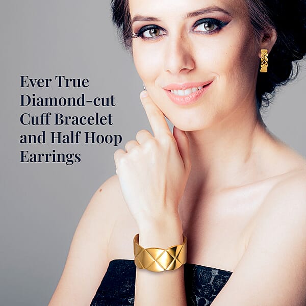 EverTrue Diamond-cut Cuff Bracelet (7.0 In) And Half Hoop Earrings In ION Plated Yellow Gold Stainless Steel Jewelry Set Birthday Gift For Her